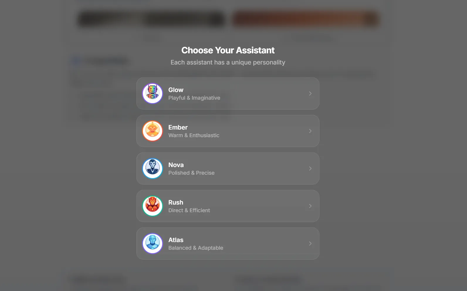 Choose your AI assistant — Glow, Ember, Nova, Rush, or Atlas