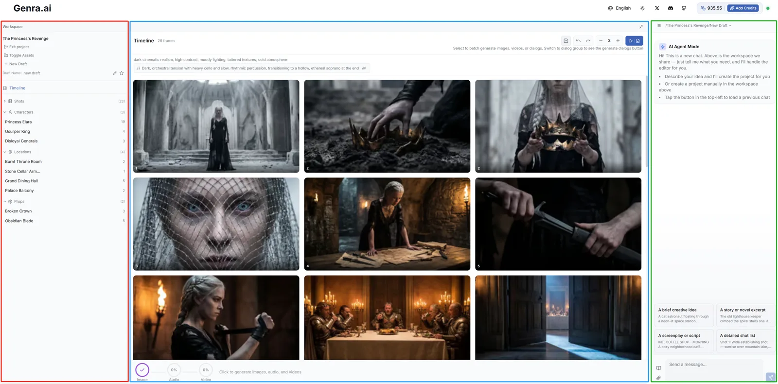 Genra AI editor overview — left sidebar, center frame grid, right chat panel
