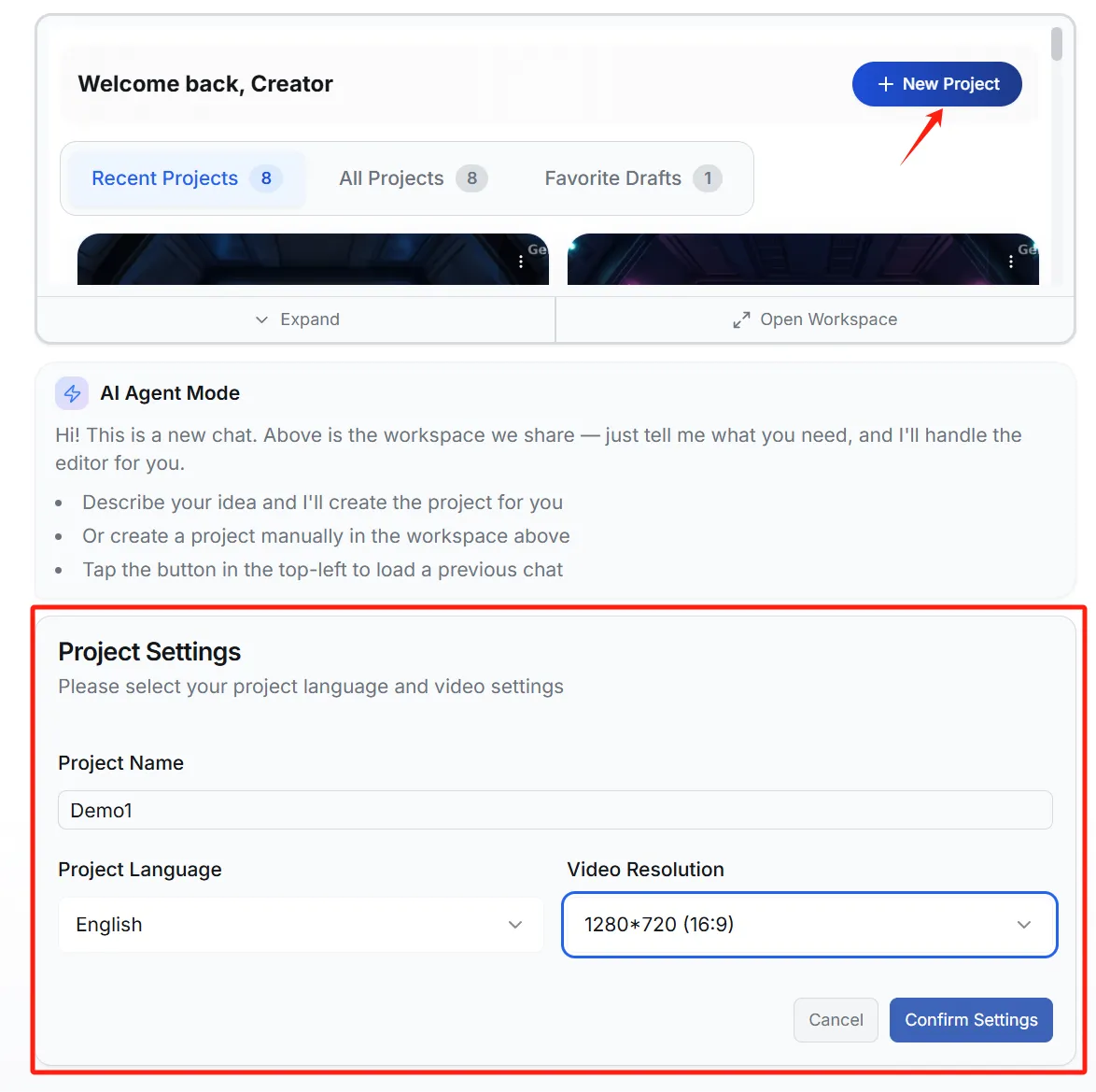 Click New Project and configure project settings