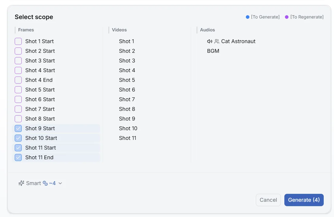 Select scope dialog for batch generating frames, videos, and audios